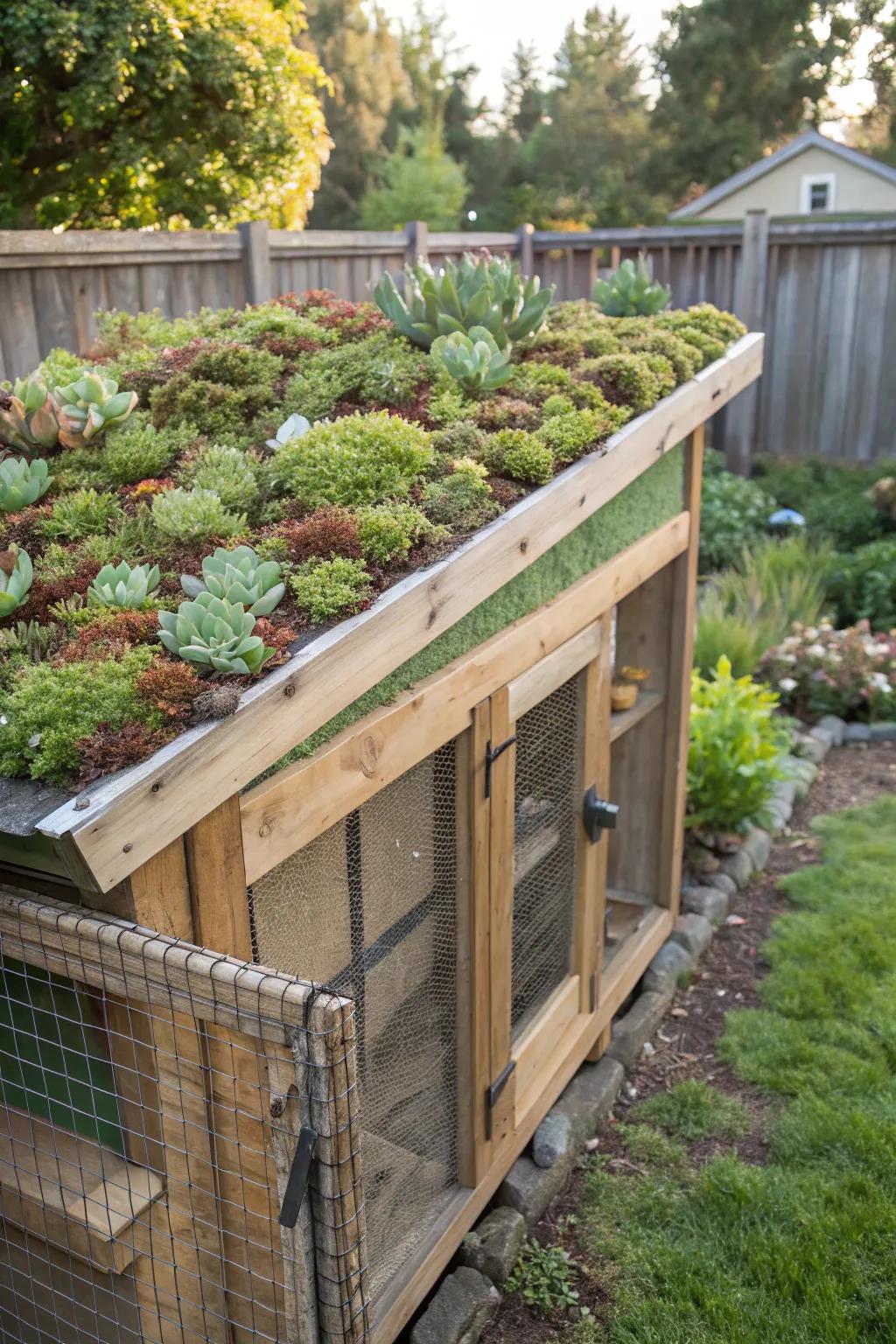 A living roof with succulents provides insulation and a unique aesthetic.