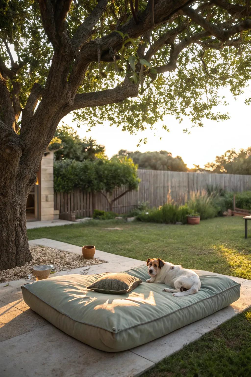 A relaxation spot that invites dogs to unwind and enjoy the outdoors.