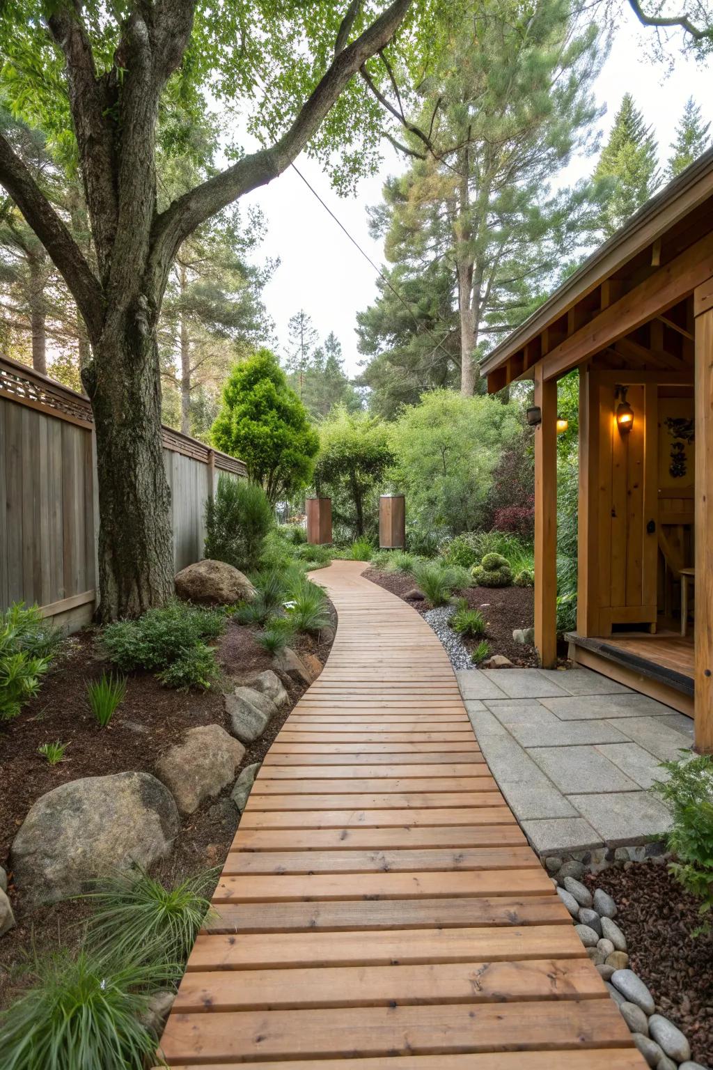A wooden boardwalk path leading to a backyard entrance, surrounded by nature.