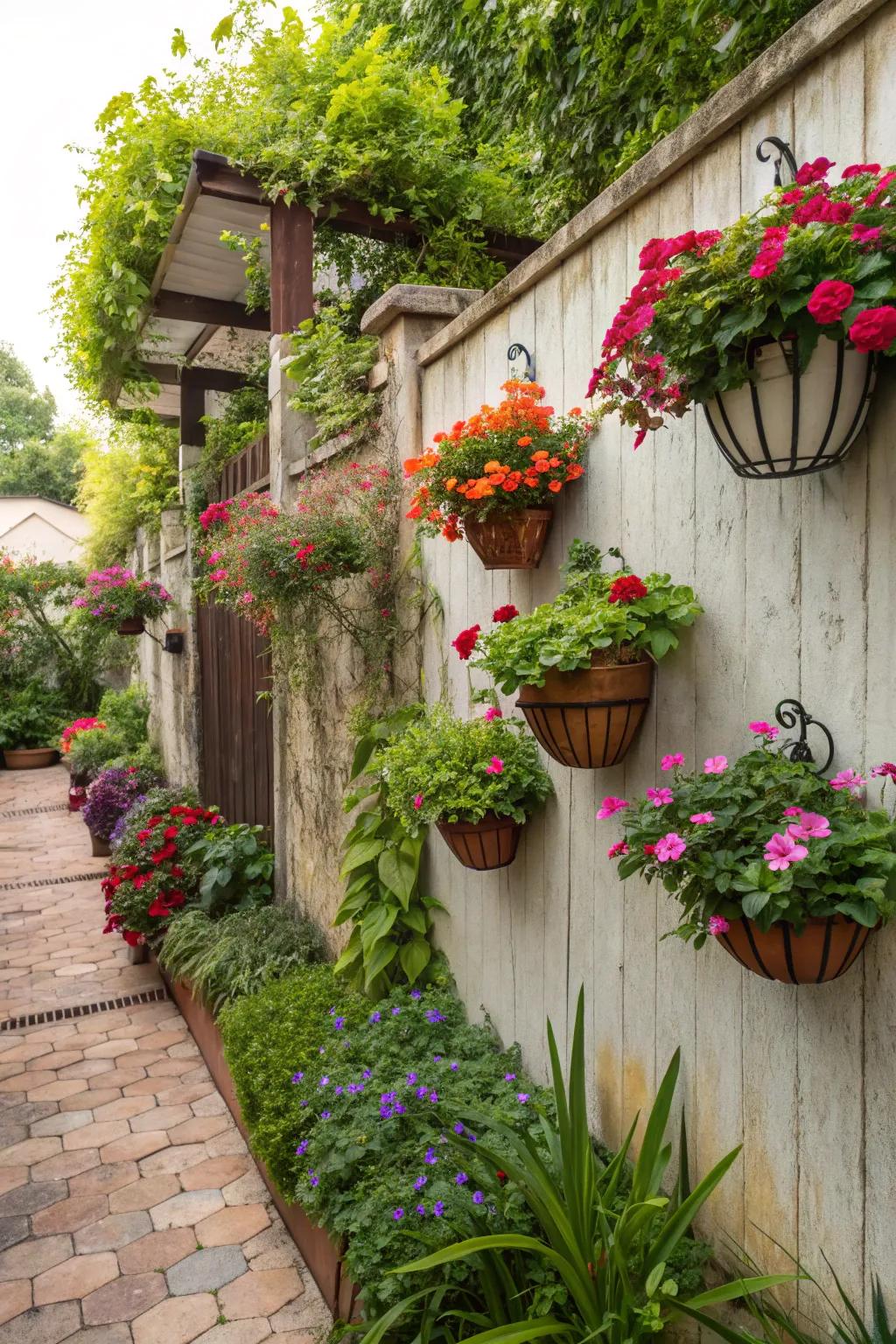 Hanging planters bring color and life to vertical spaces.