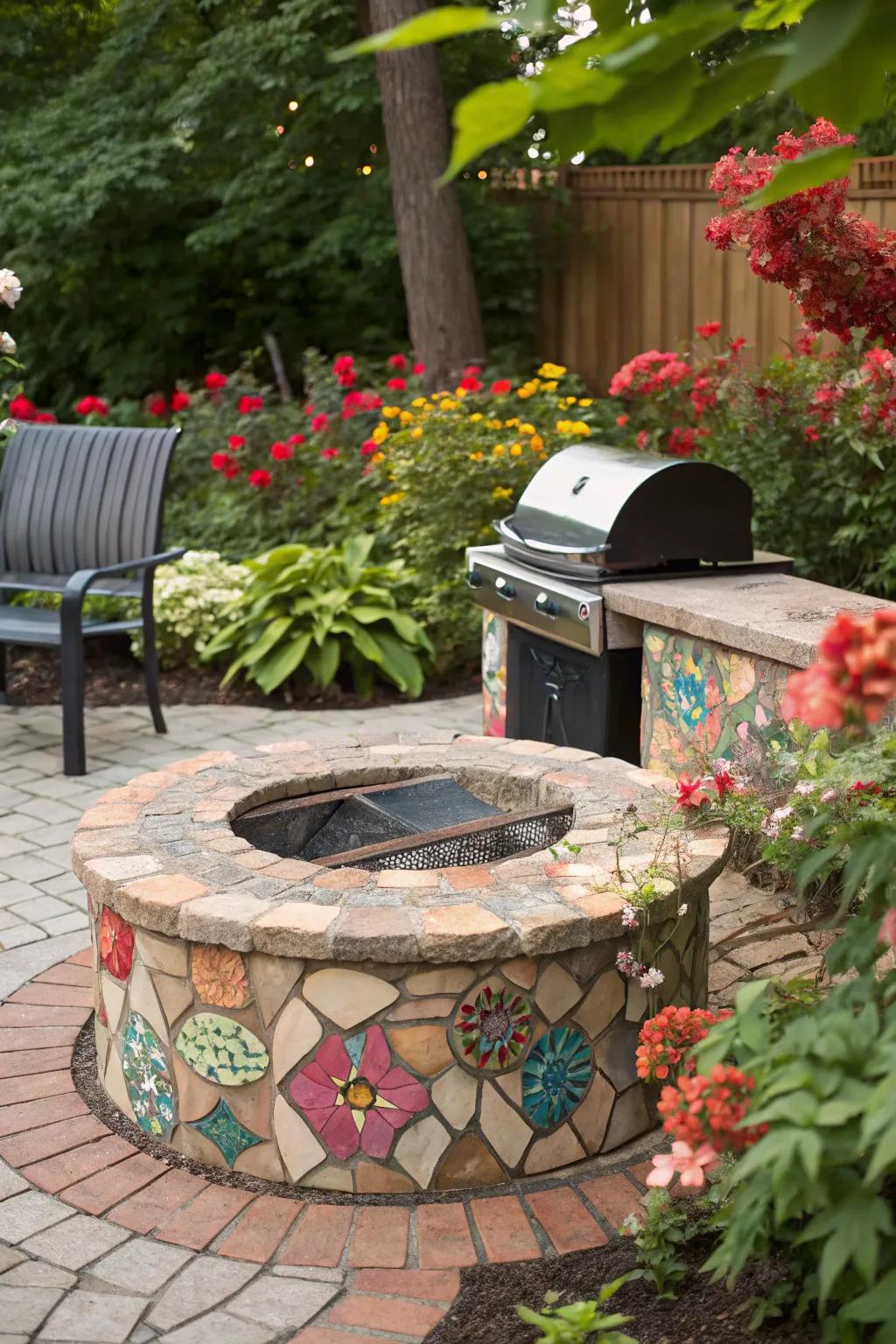 A mosaic tile fire pit is both functional and a work of art.
