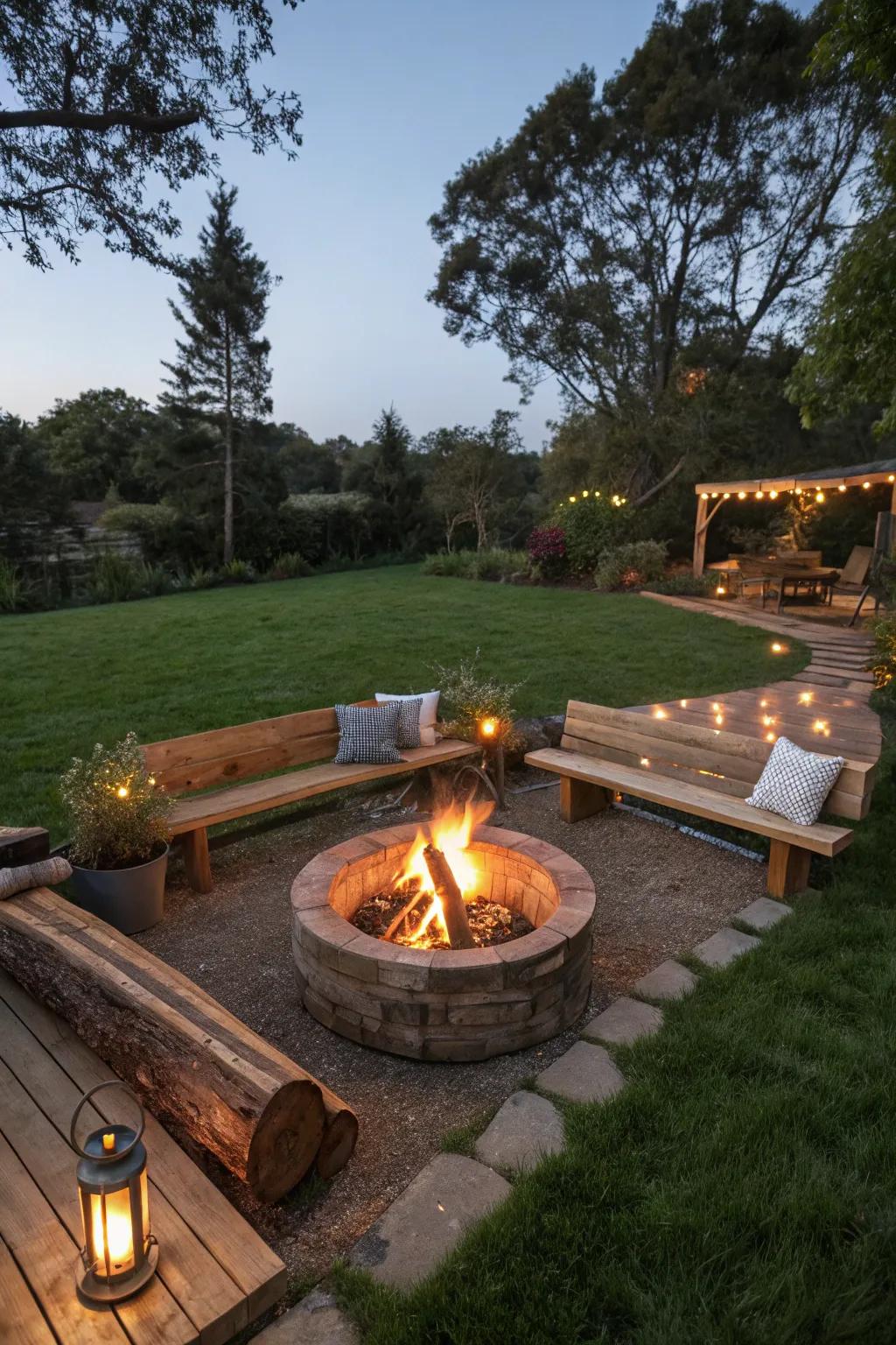 Bench seating around the fire pit is perfect for social gatherings.