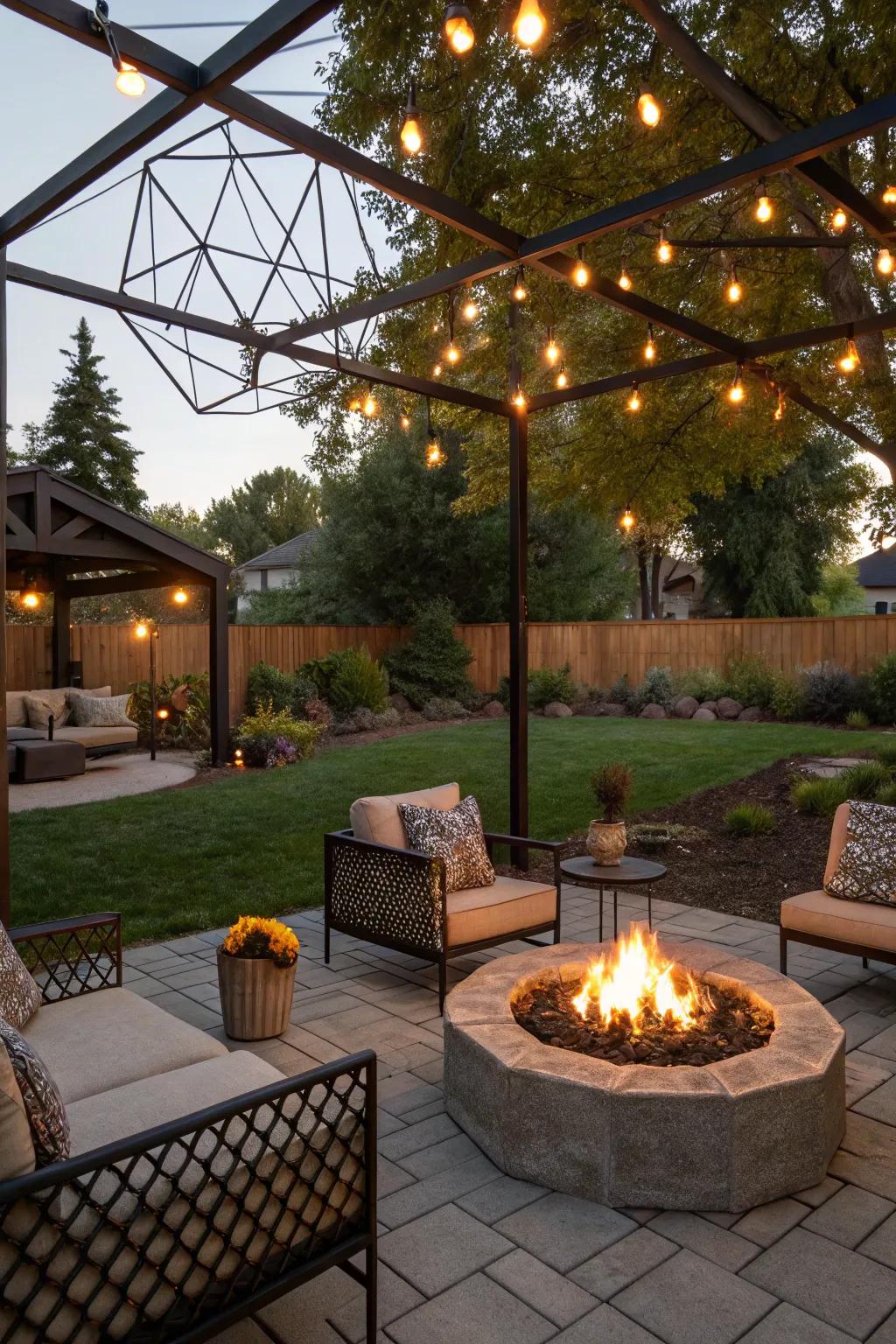 Geometric canopy lights provide a modern, artistic edge.