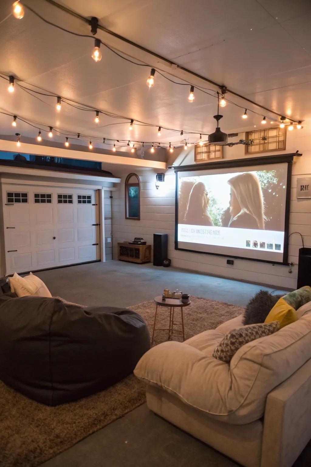 A backyard garage reinvented as an inviting movie room.
