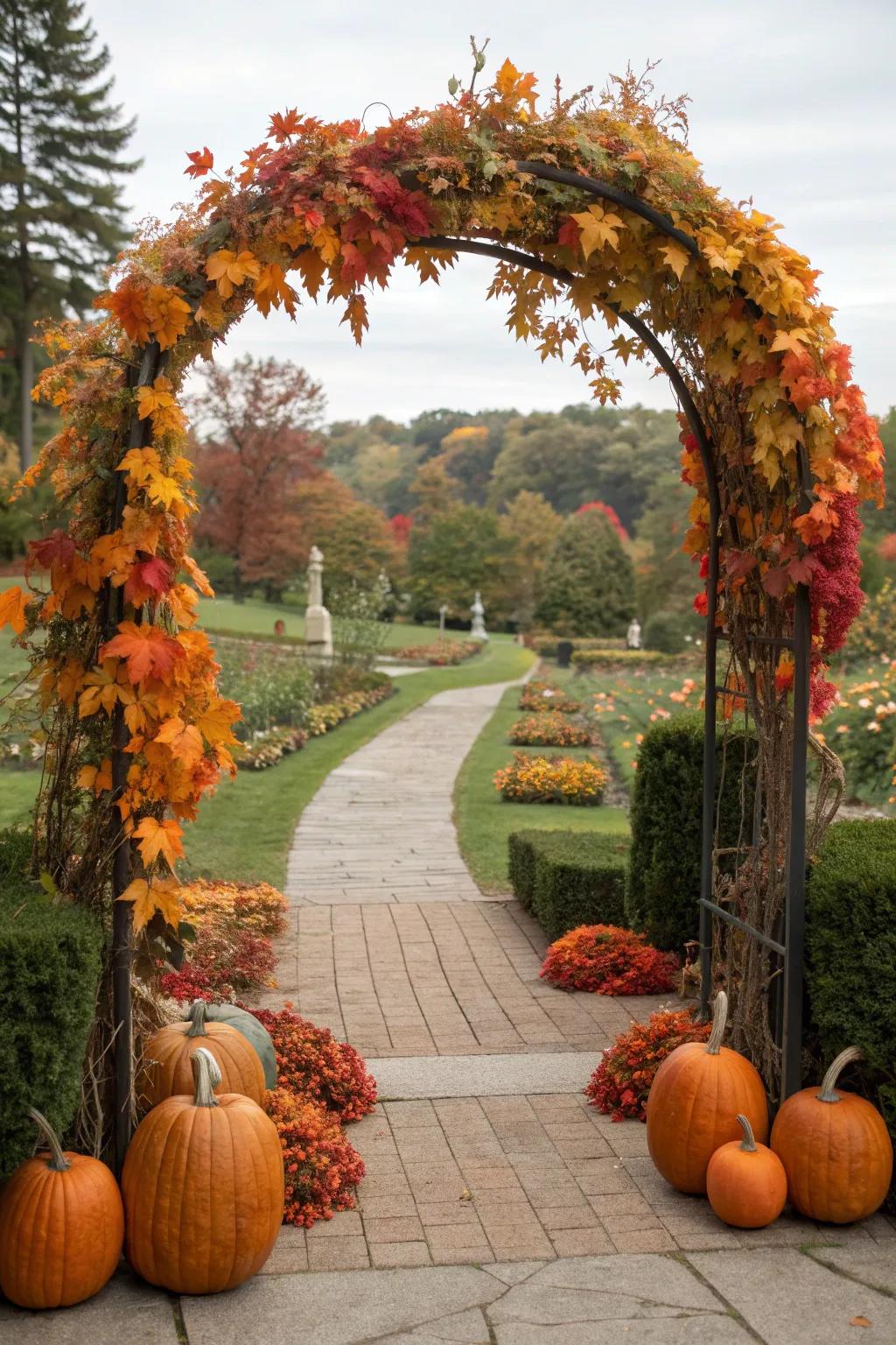 Seasonal decor adds a festive touch to garden arches.
