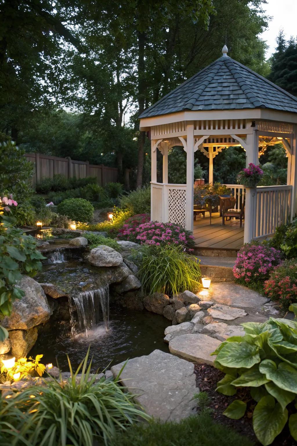 A water feature brings a soothing, calming presence to this gazebo.