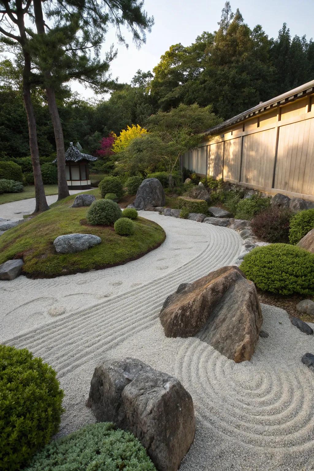 A Zen garden offers a peaceful retreat on a sloped landscape.
