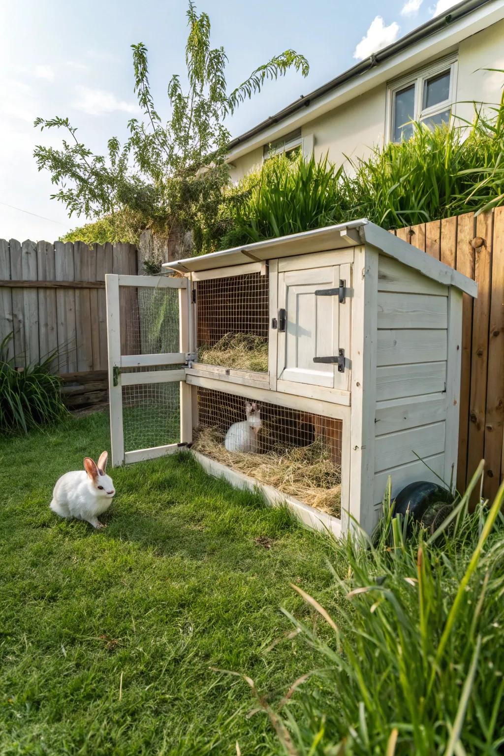 Rabbits in a backyard hutch, a sustainable meat source.