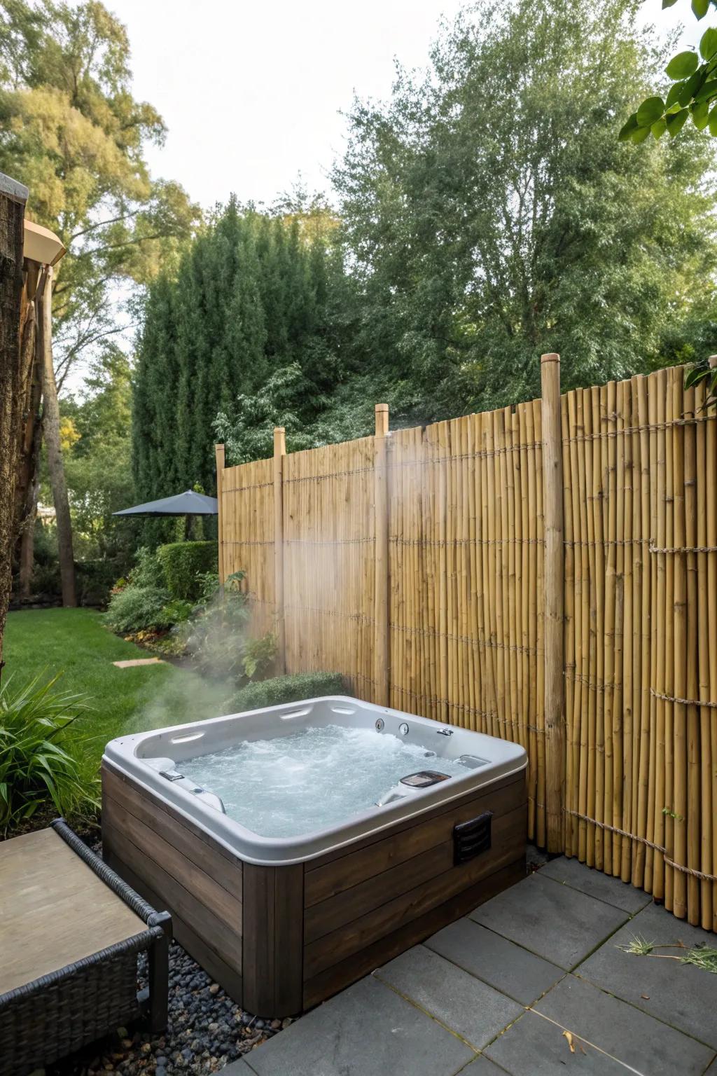 Bamboo fencing offers a stylish and private enclosure for the hot tub.