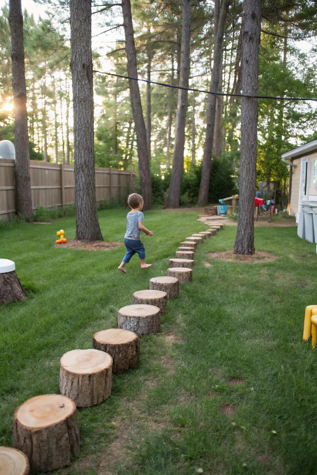 A tree stump path offering adventure and balance.