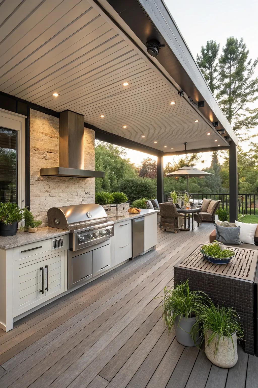 A stylish outdoor kitchen extending onto a deck for seamless garden integration.