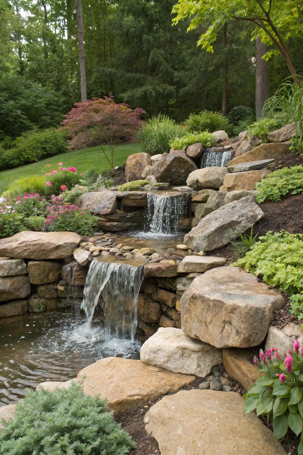 Pondless waterfalls provide soothing sounds with minimal maintenance.