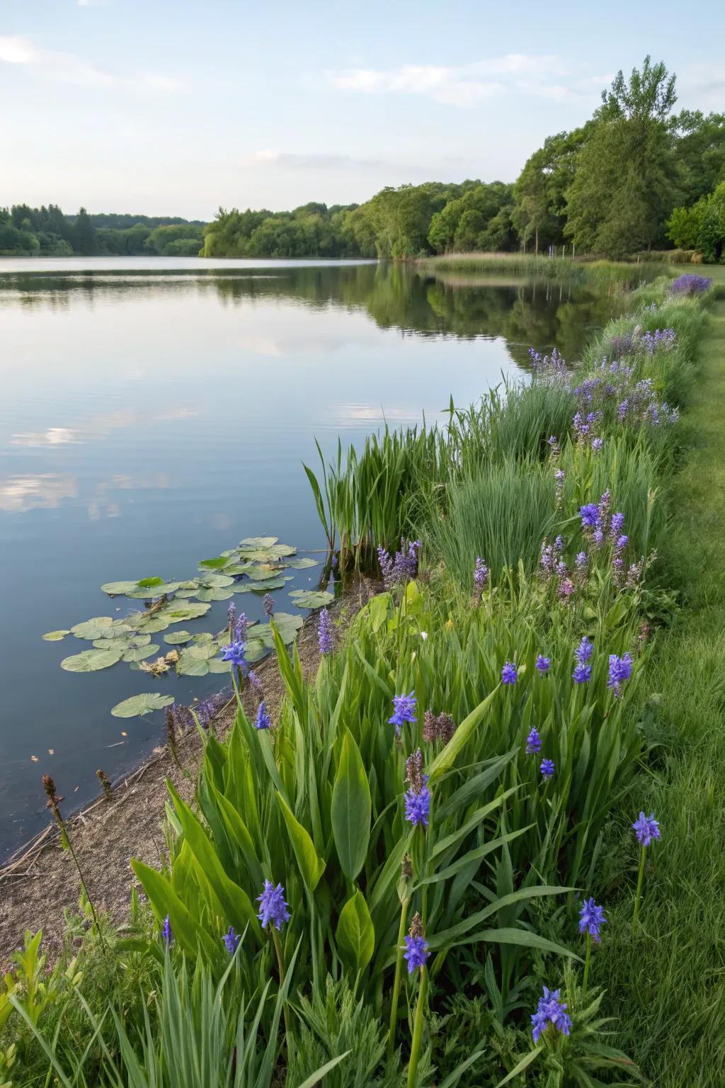 Native aquatic plants enhance water quality and attract wildlife.