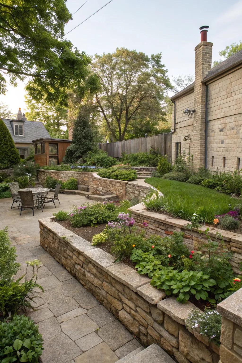 Elegant stone walls adding structure and charm to a Milwaukee backyard.