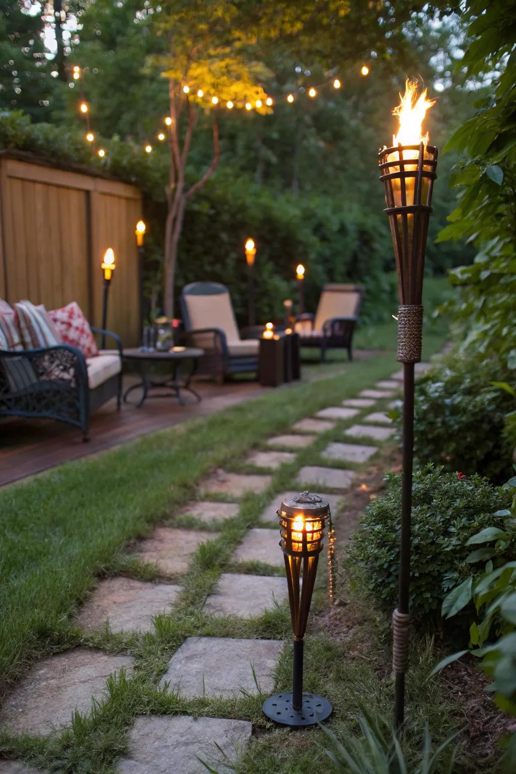 Tiki torches add warmth and function to outdoor spaces.