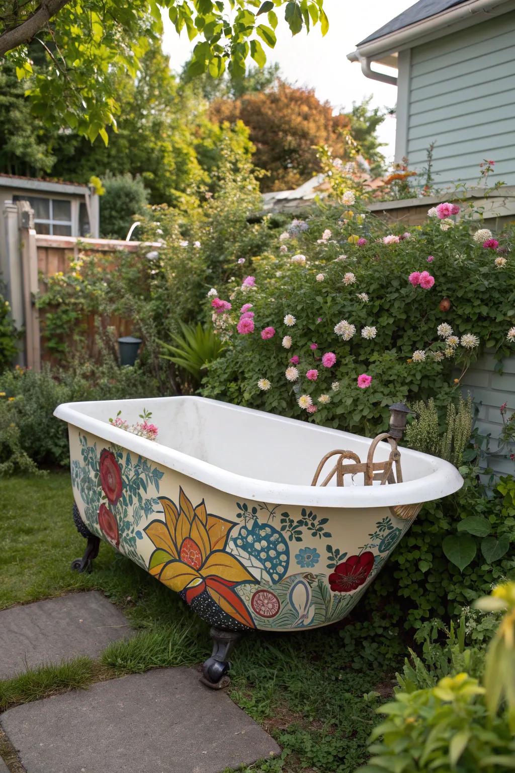 A vintage bathtub transformed into a garden sculpture.