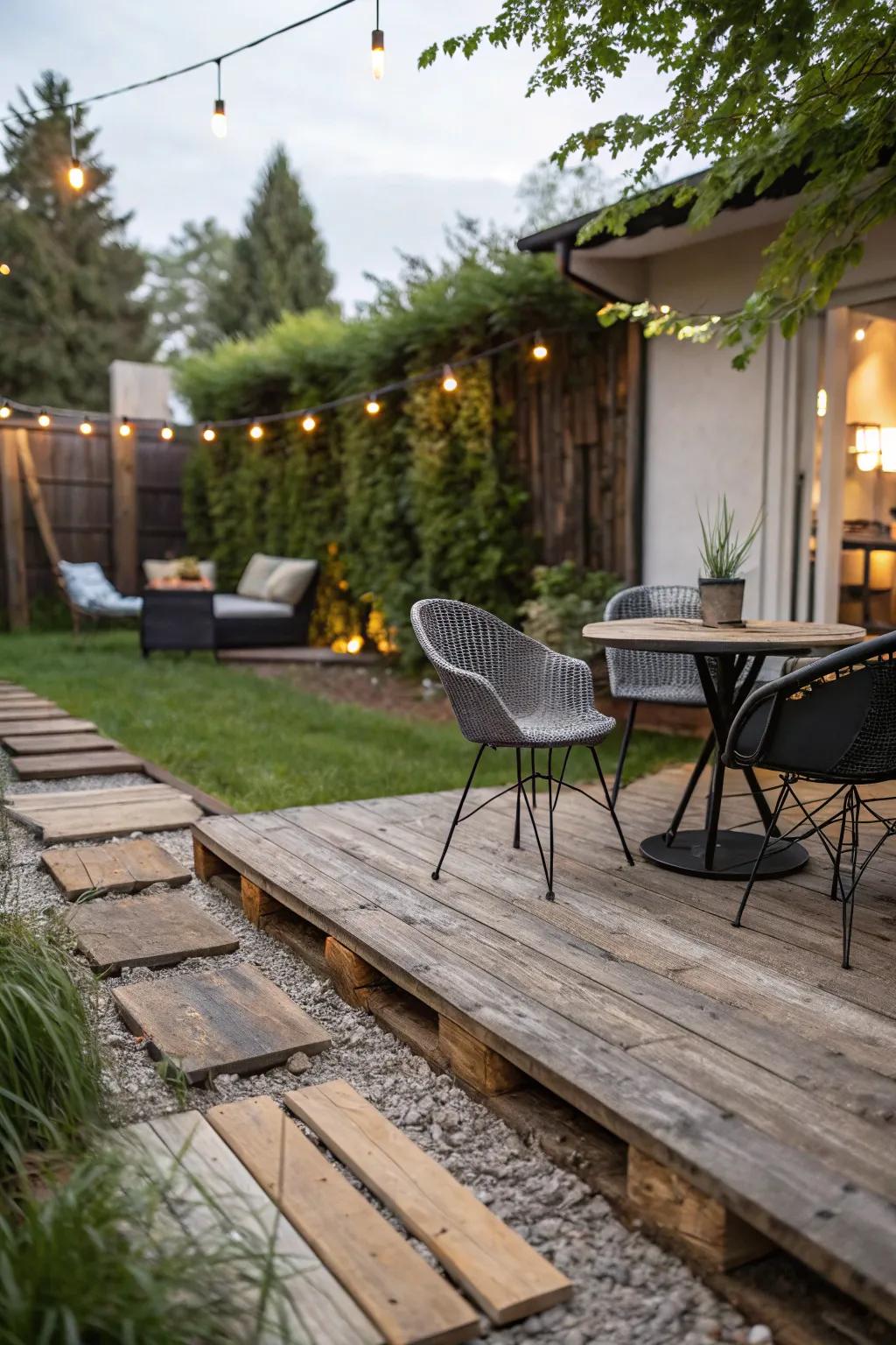 Achieve harmony with rustic and modern patio elements.
