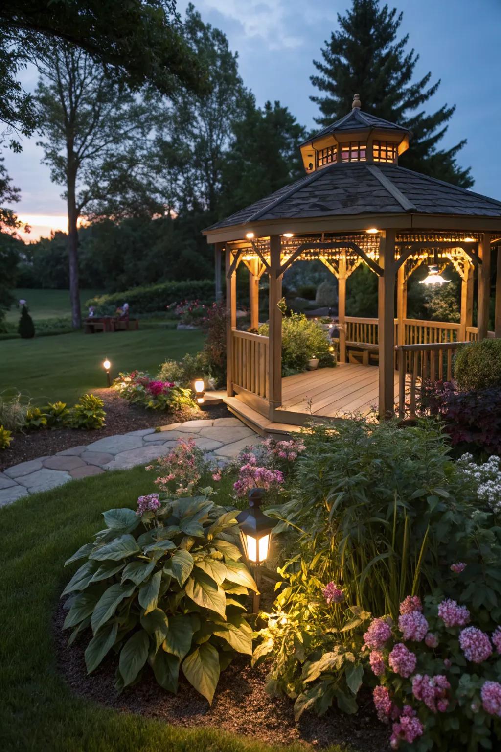A gazebo beautifully illuminated by solar lights.
