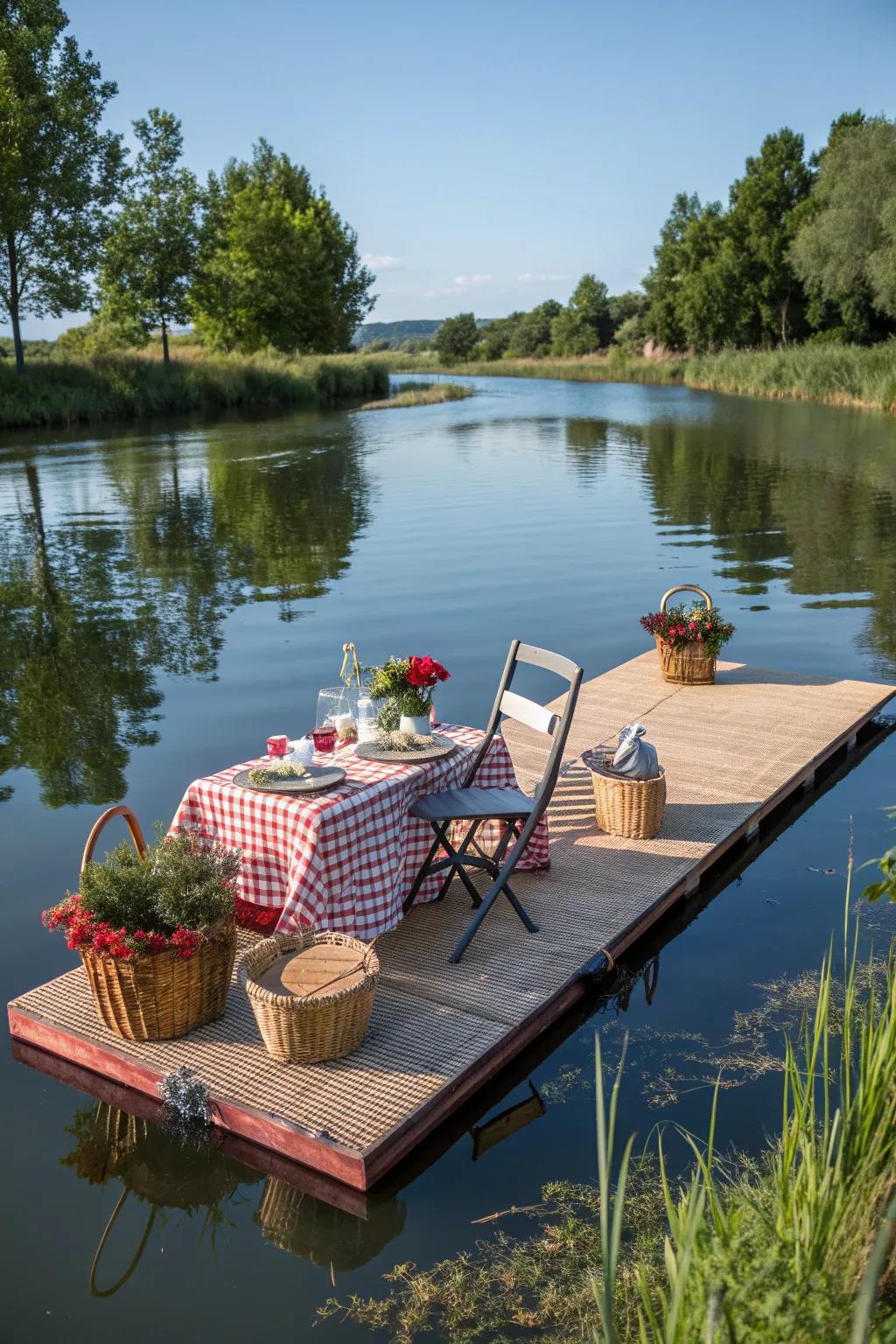 Experience a whimsical floating picnic on a pond.