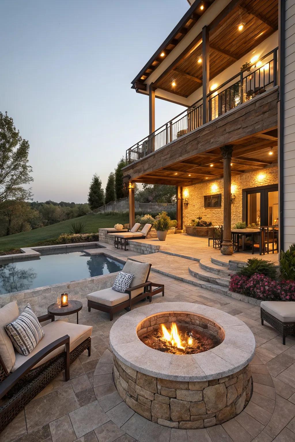 A multi-level terrace with a fire pit offers diverse lounging spaces.