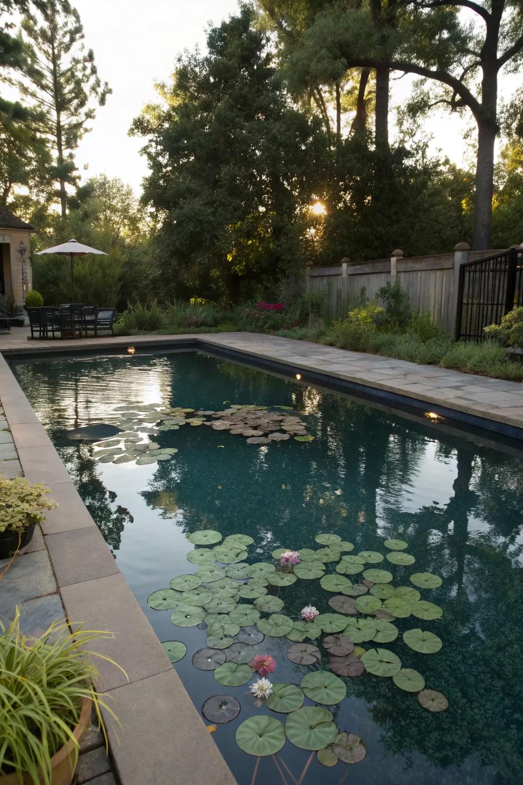 A whimsical pool scene with enchanting floating plants.