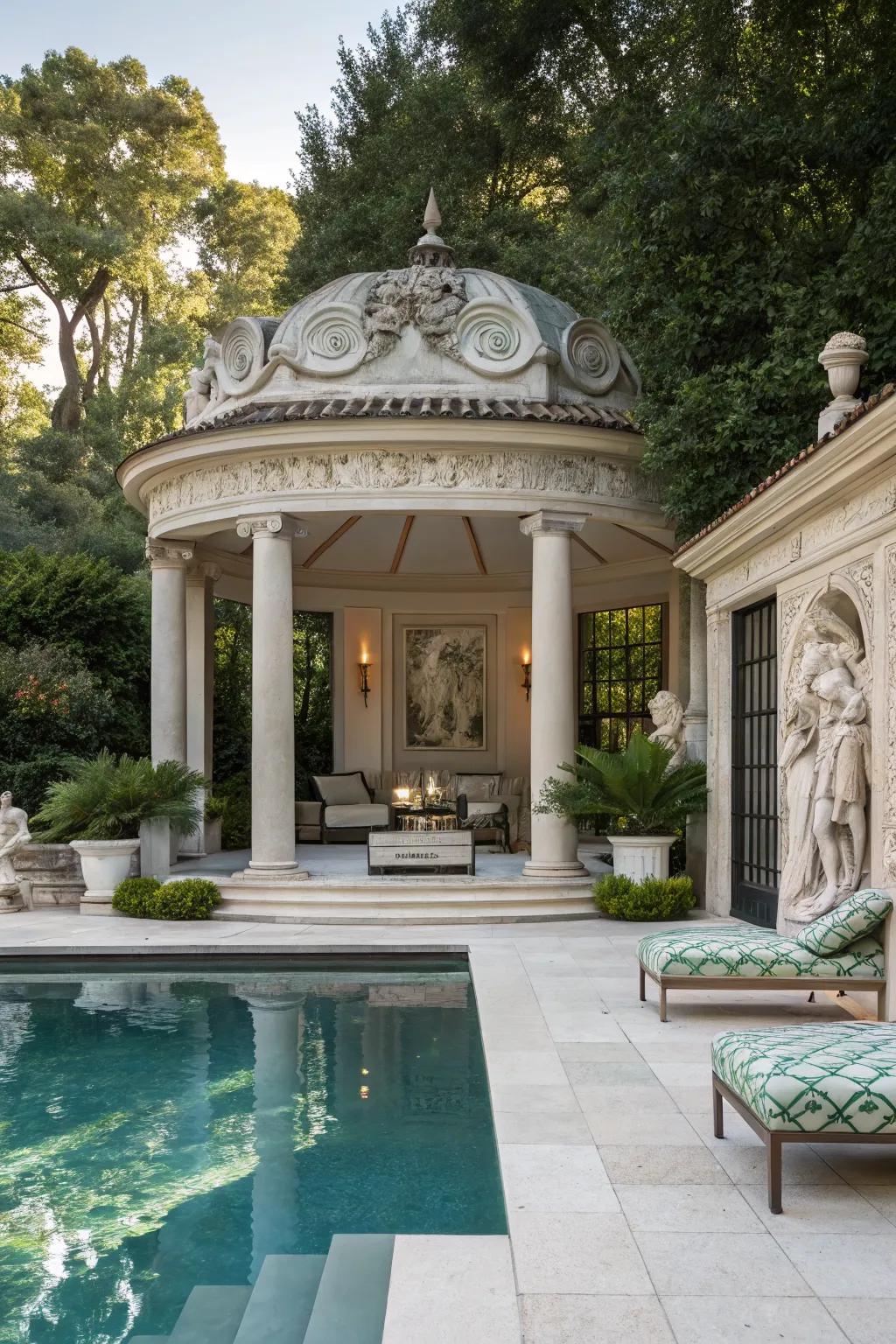 A pavilion that doubles as an art gallery with artistic accents.
