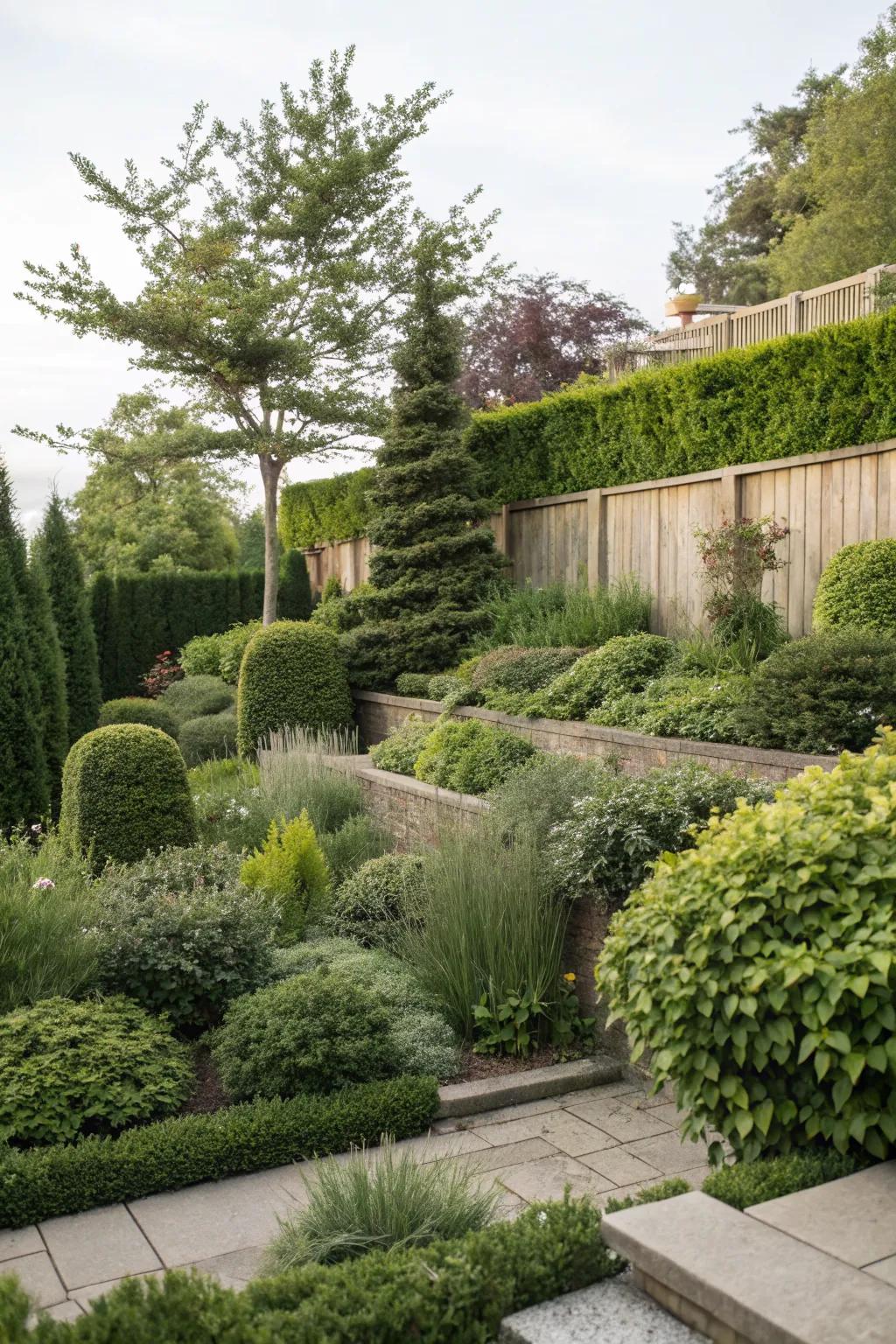 Layered planting offers depth and effective privacy.
