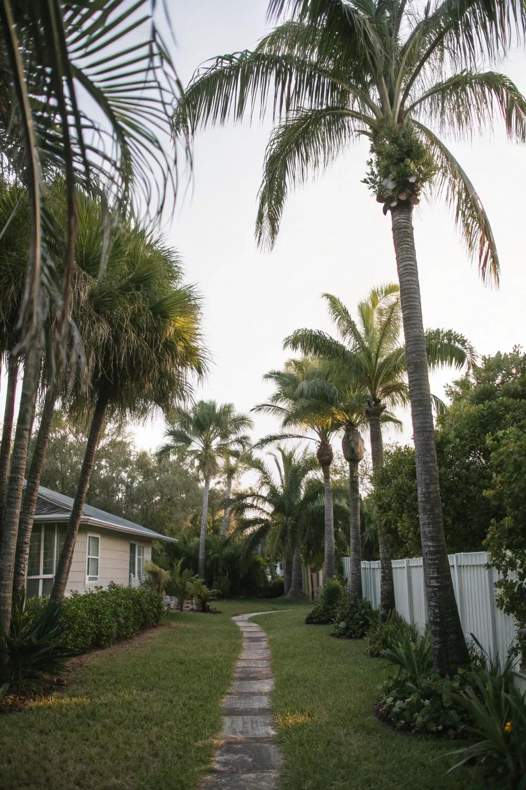 Palm trees offer a tropical escape while enhancing privacy.