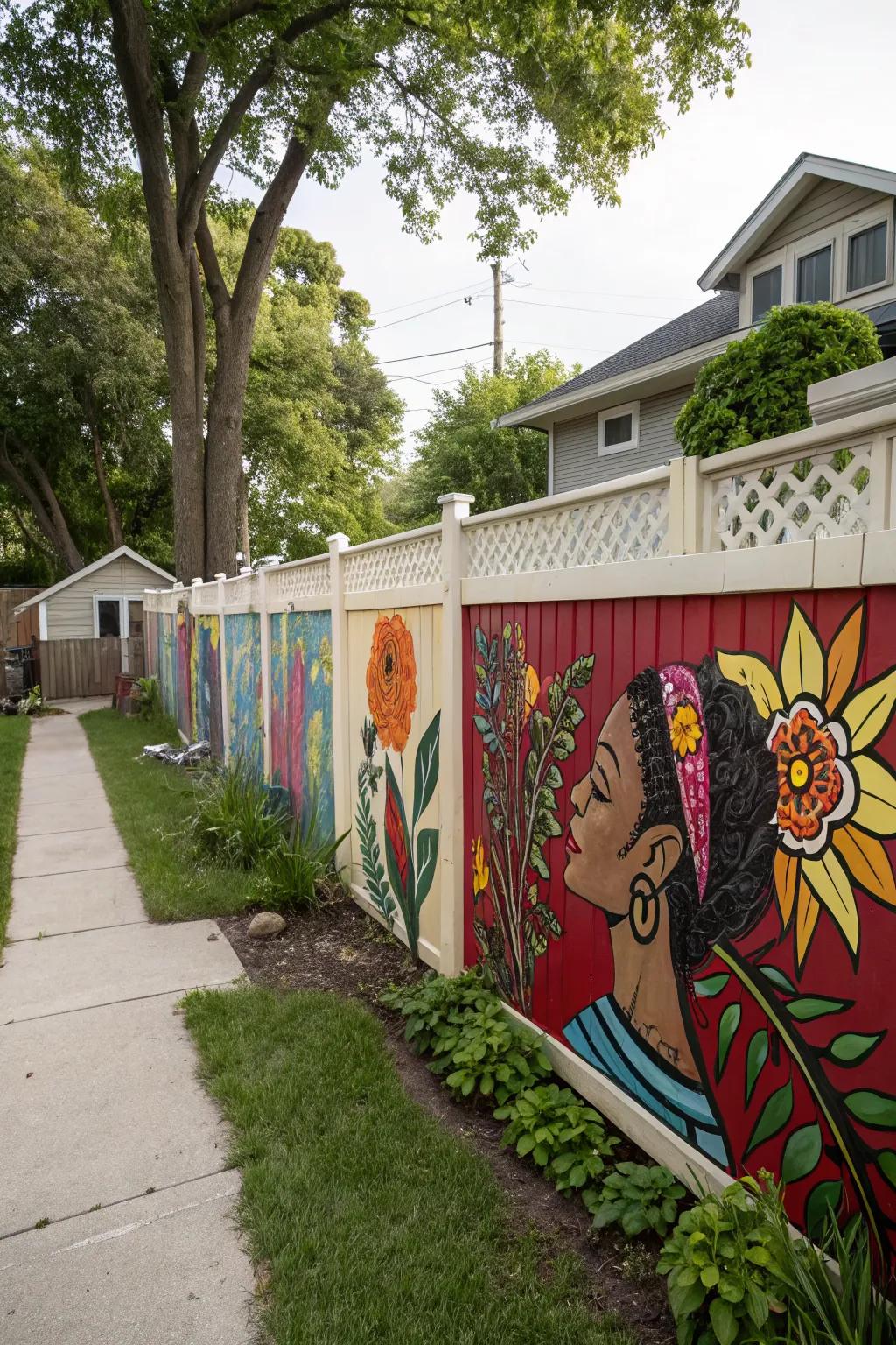 Artistic murals transform privacy walls into eye-catching masterpieces.