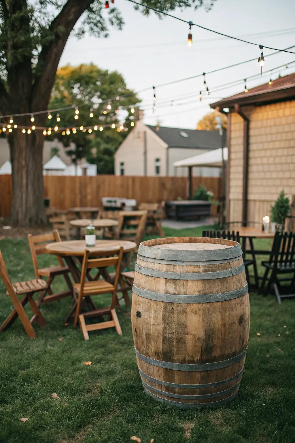 Whiskey barrels add a vintage touch to your backyard pub.