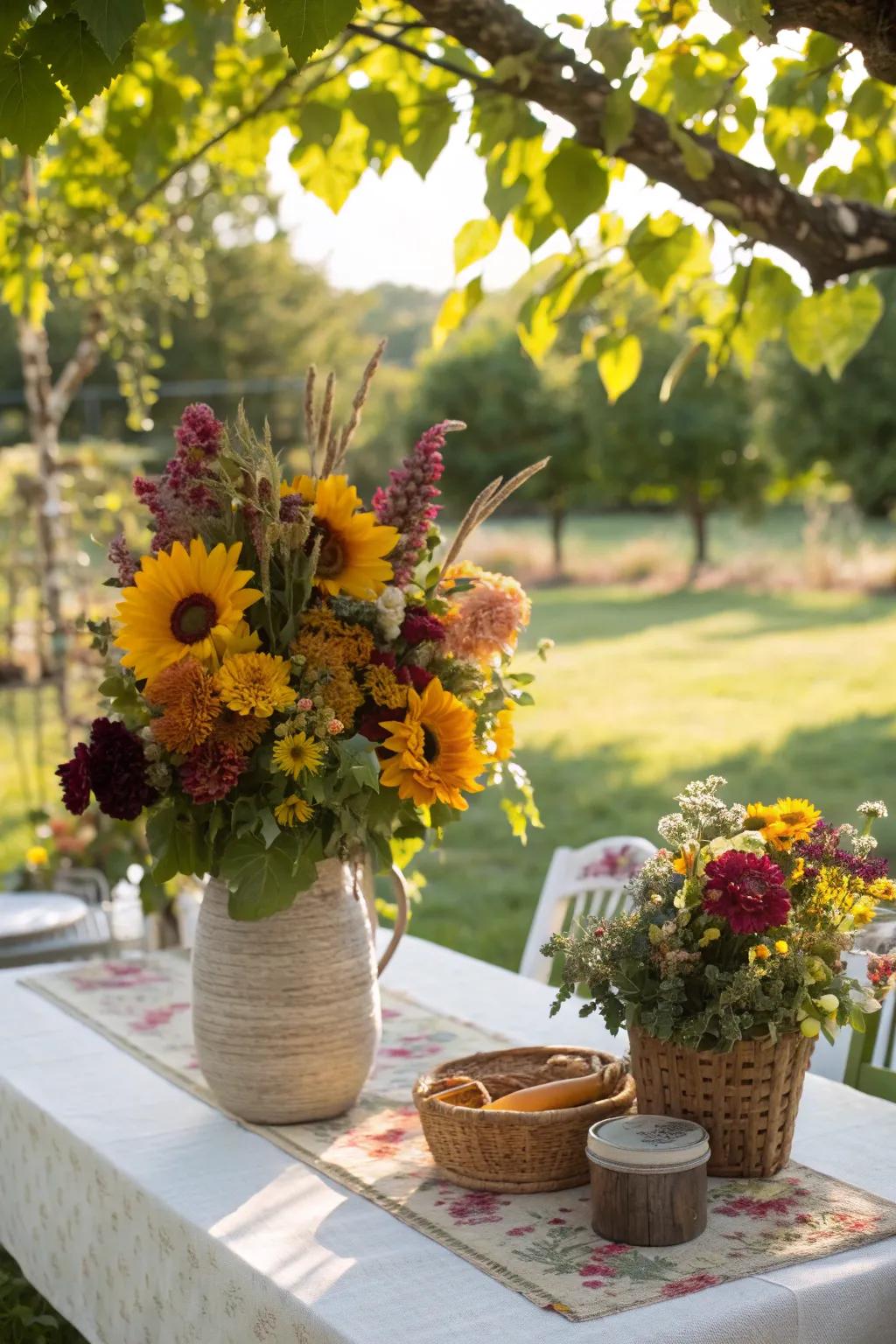 Seasonal blooms add vibrant and natural beauty to the decor.