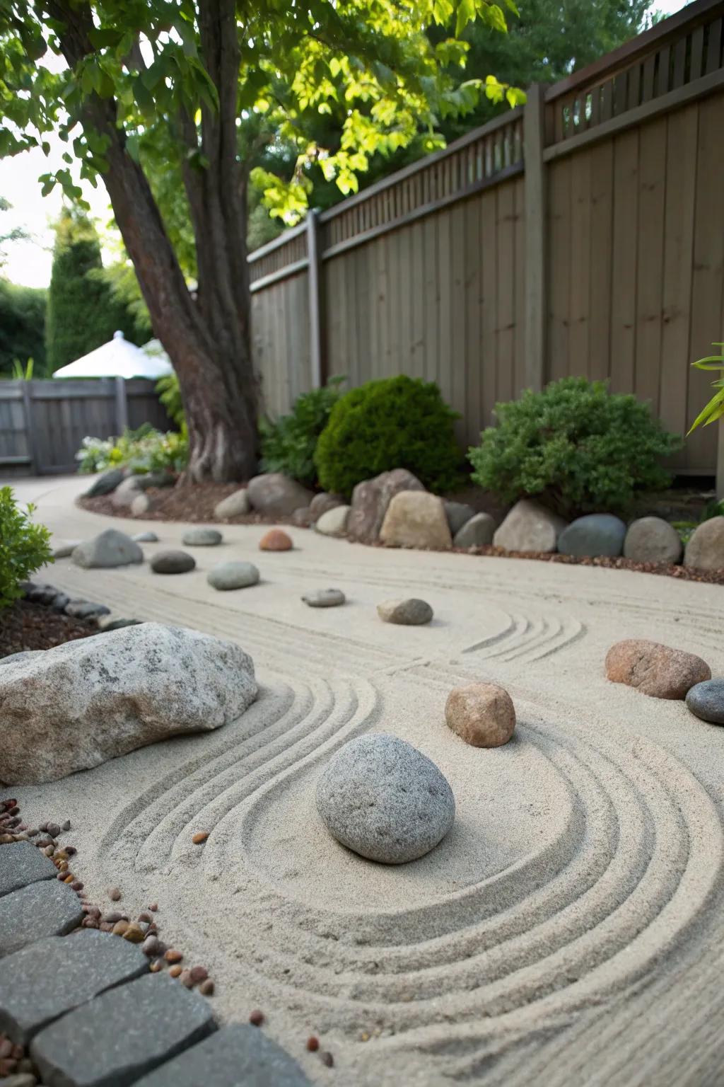 A Zen sand garden provides tranquility and mindfulness.