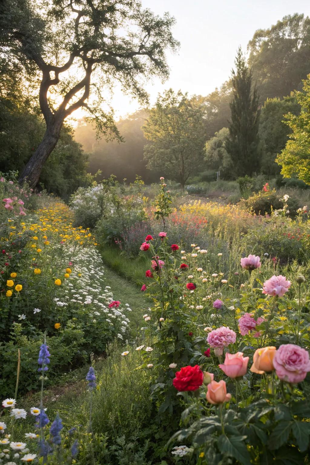 Wildflowers interspersed with roses create a lively and natural garden scene.