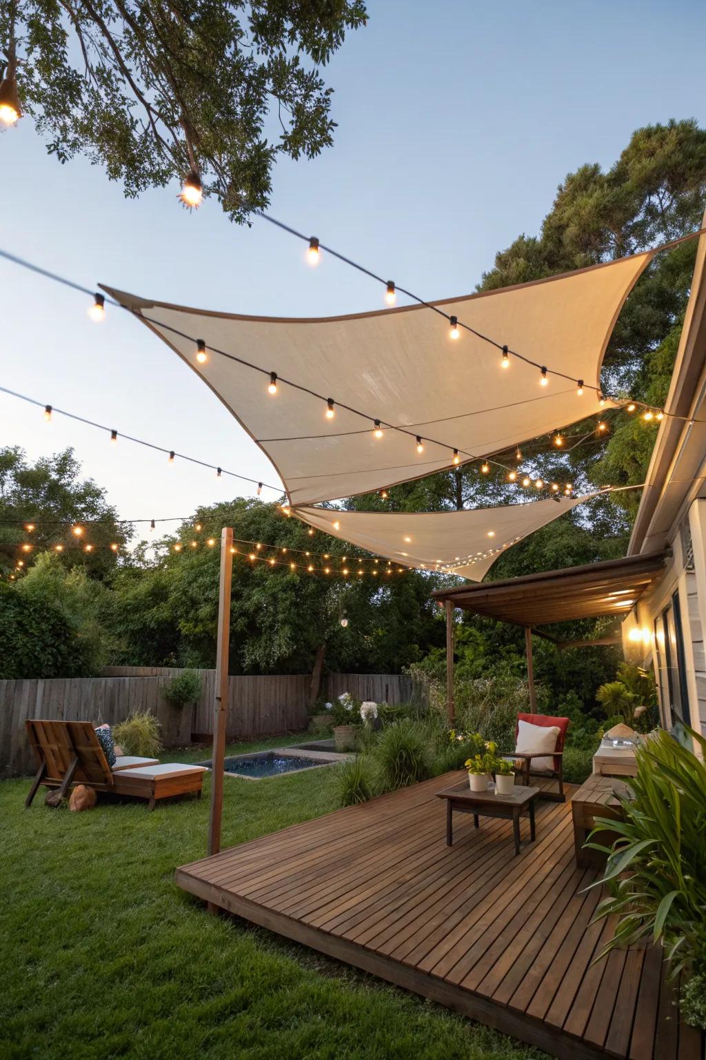 Sail shades beautifully accented with string lights creating a cozy evening atmosphere.
