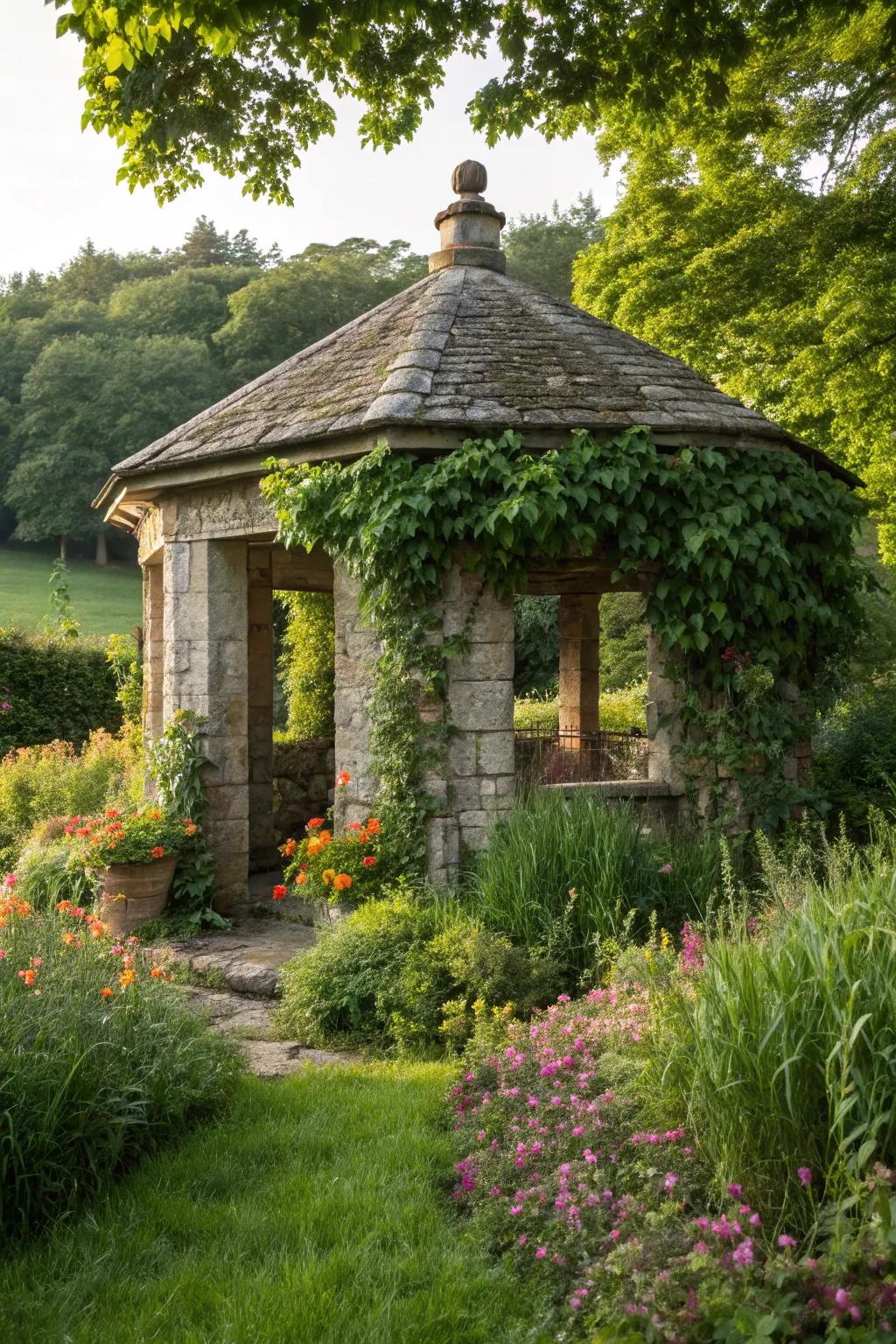 A rustic stone shelter blends beautifully with natural surroundings.
