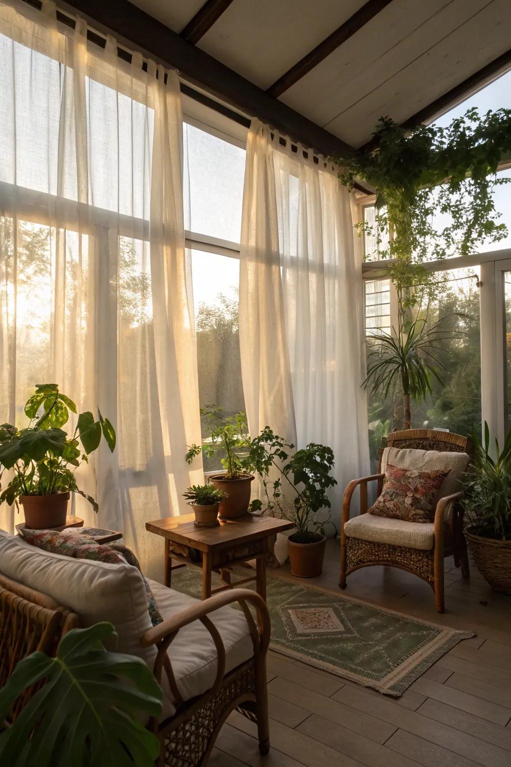 A sunroom with sheer curtains adding a touch of elegance.