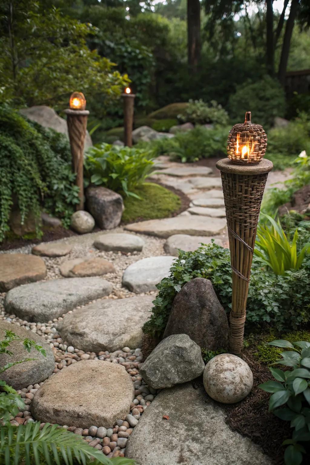 Natural stone torches add an earthy element to your outdoor space.
