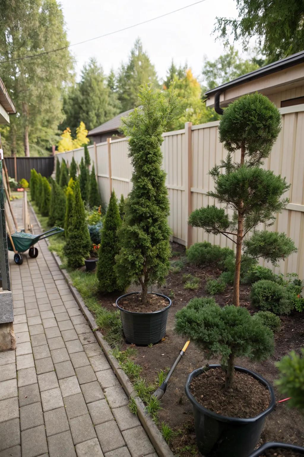 Dwarf trees provide beauty in compact spaces.
