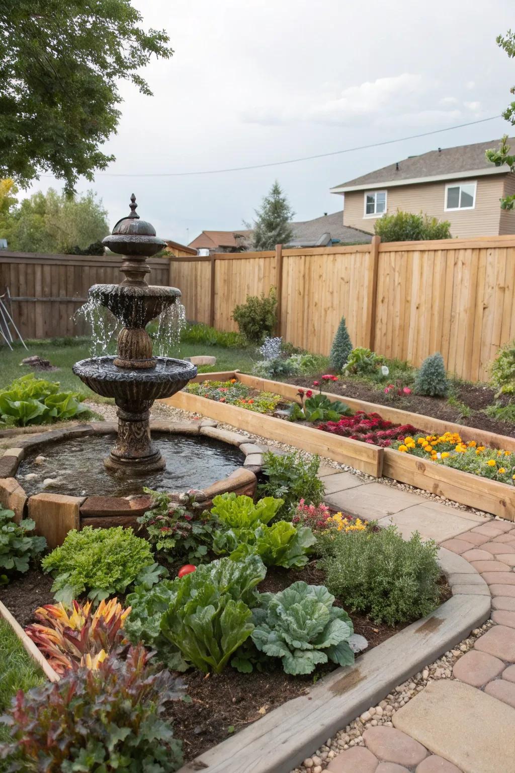 A tranquil water feature adding charm and serenity to the vegetable garden.