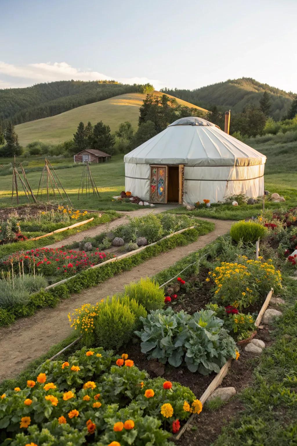 A yurt nestled in a lush garden sanctuary.