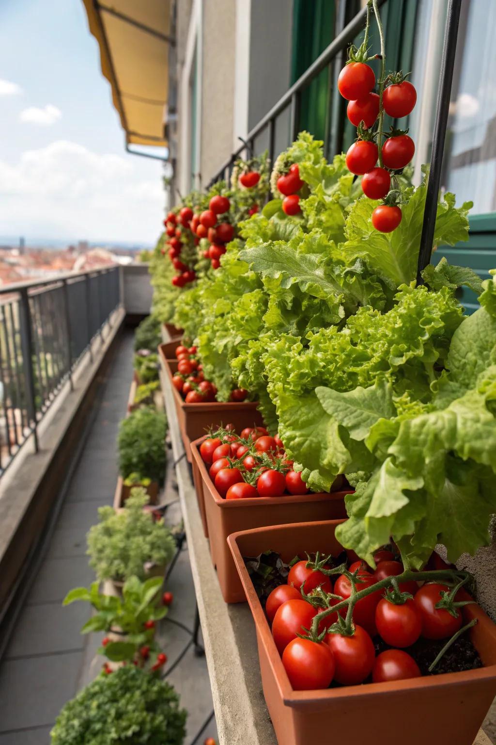 An urban balcony vegetable garden with fresh produce.