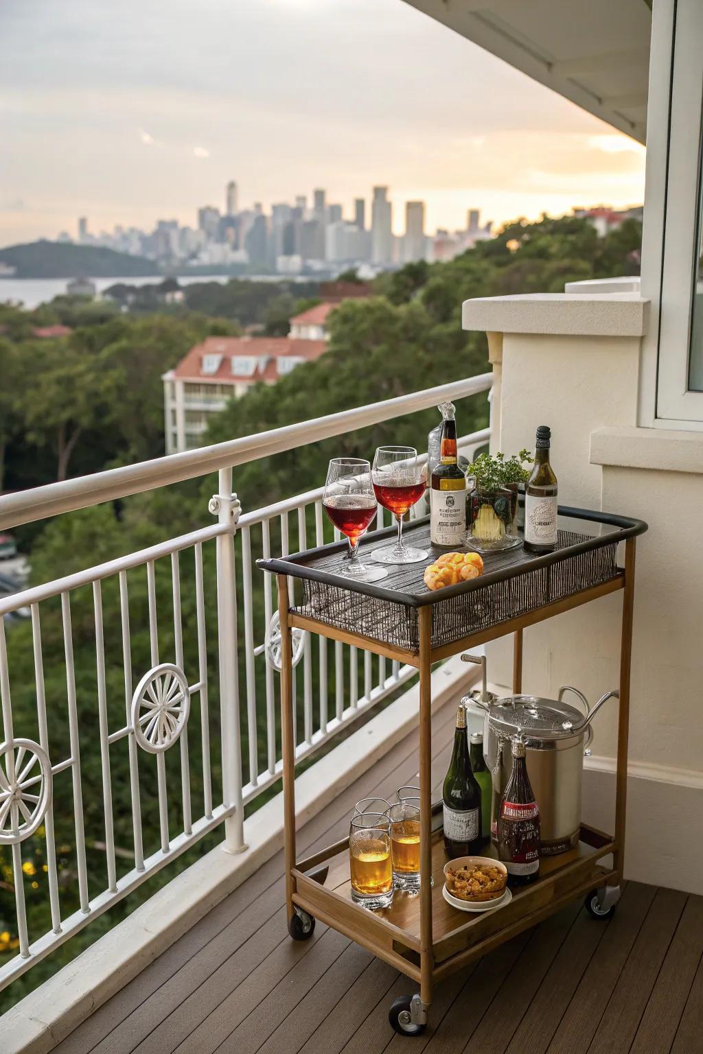 A mini bar adds a playful touch to your balcony.