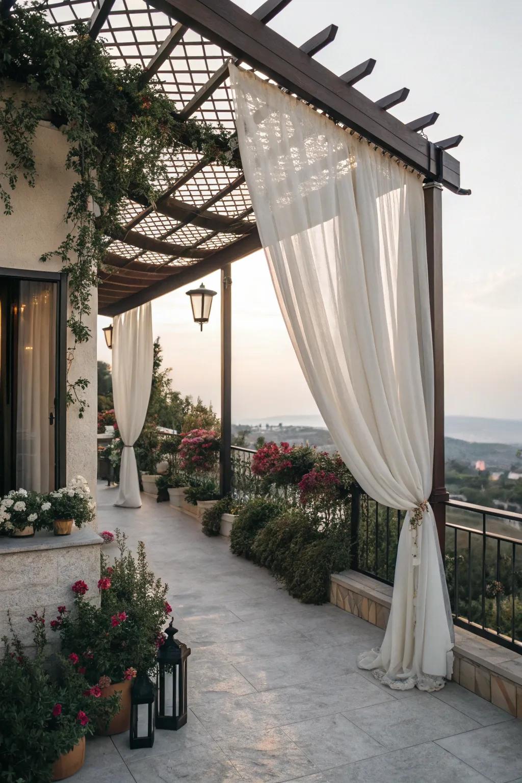 Pergolas with drapes offer a structured and elegant privacy solution.