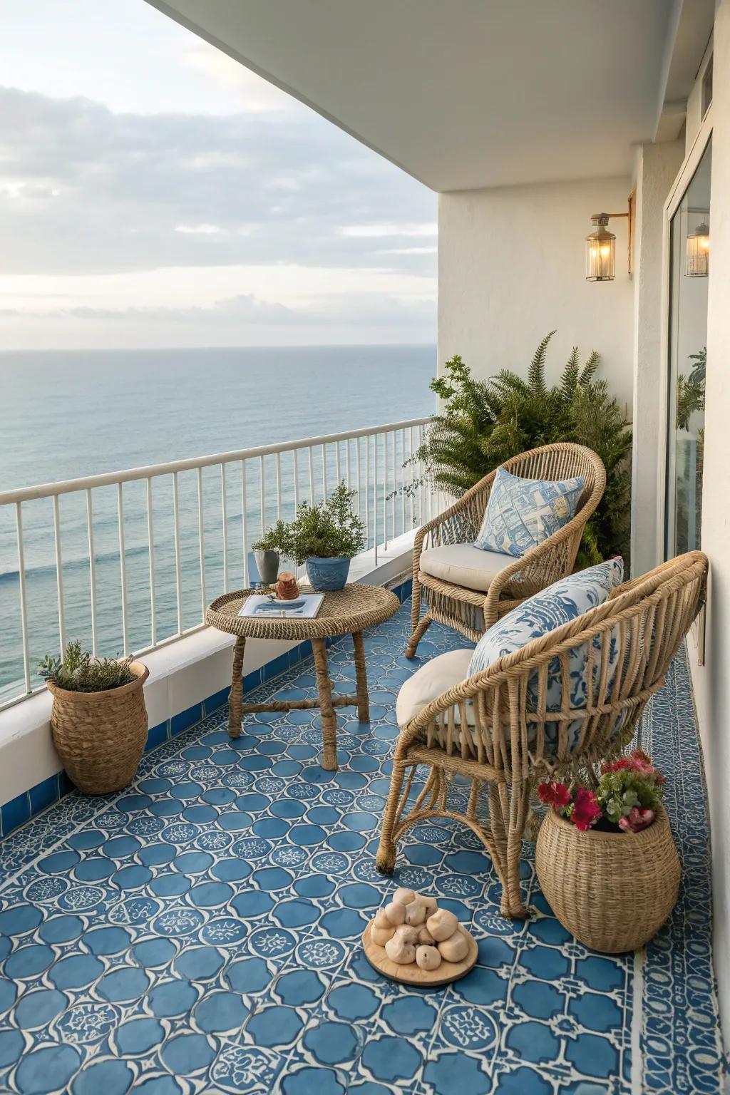 Blue tiles evoke a serene coastal feel on your balcony.