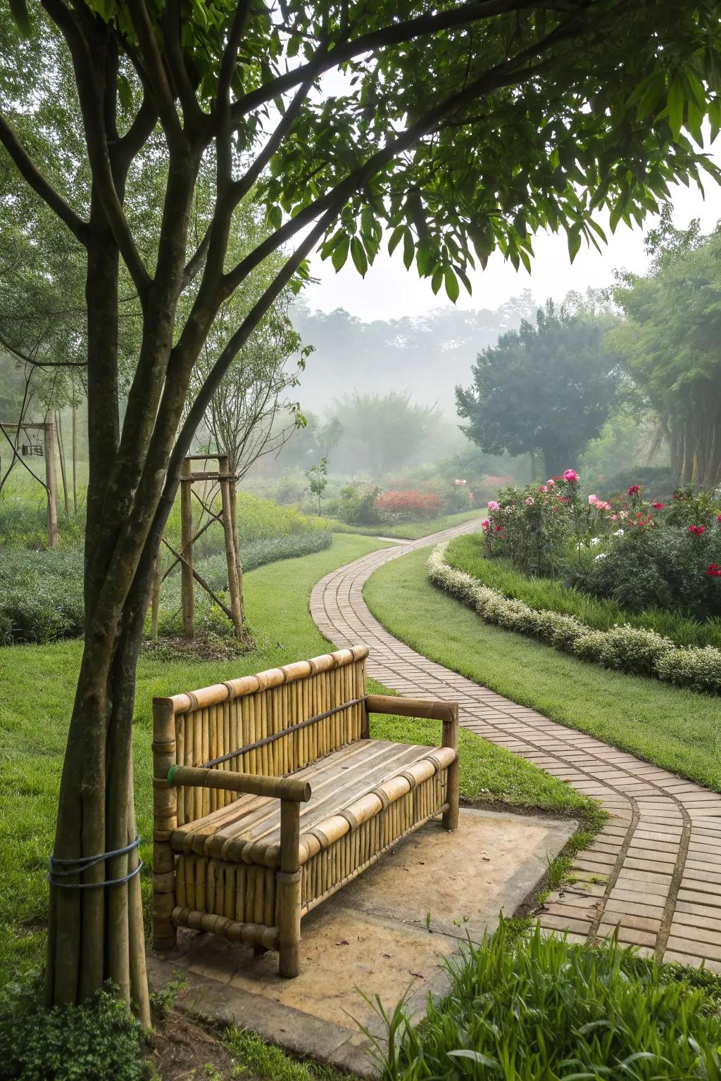 Functional bamboo garden edge with seating.