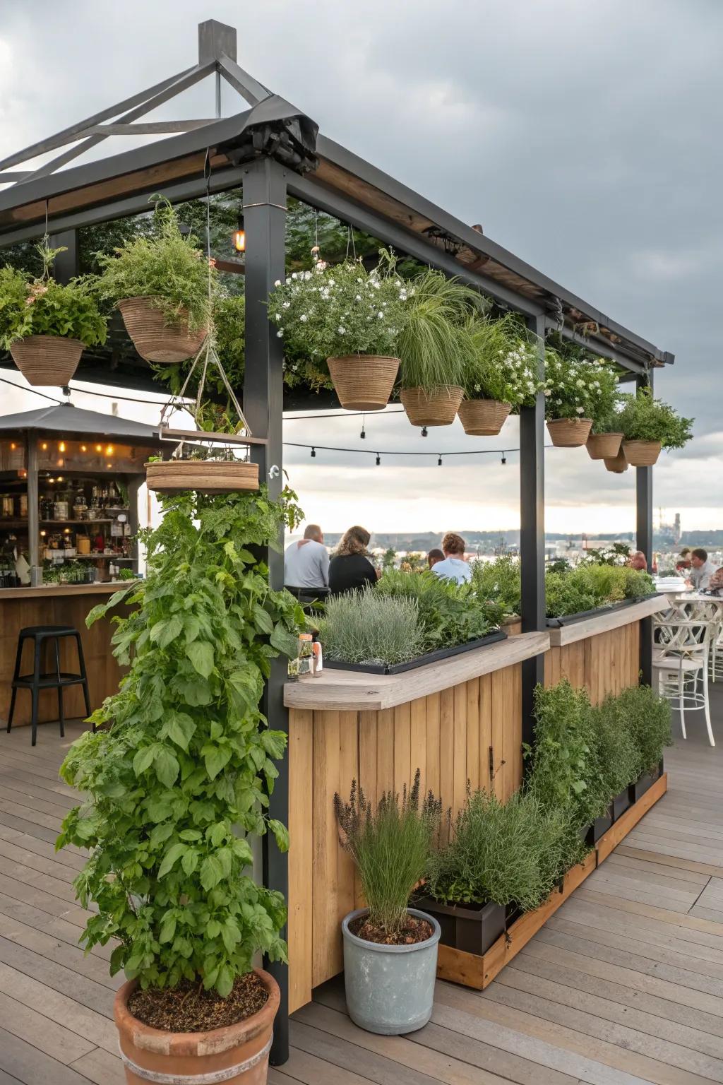 A gazebo bar with a herb garden for fresh flavors and greenery.