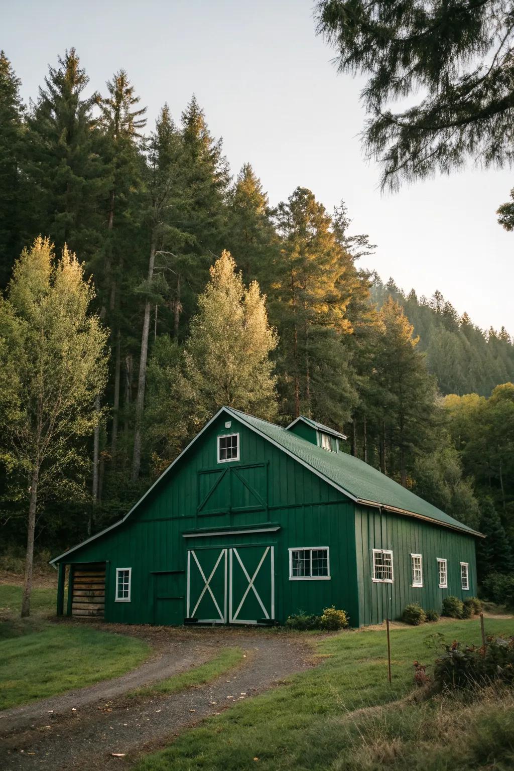A hunter green barn harmonizing with its forest surroundings.