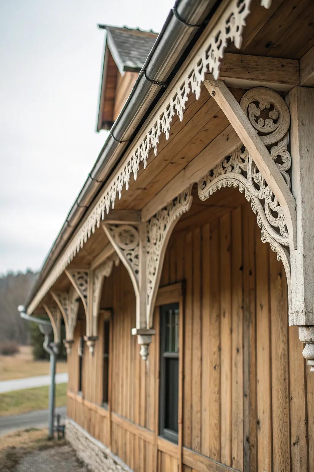 A barn featuring elegant architectural brackets for added charm.