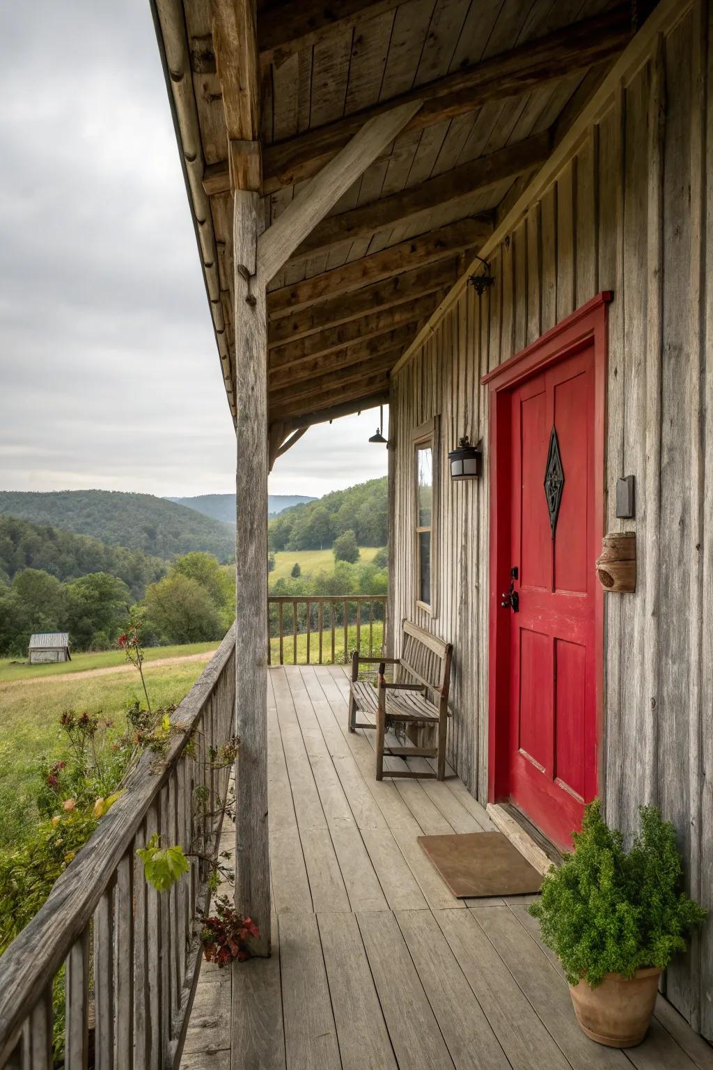 Barn porch featuring a bold red door as a vibrant focal point.