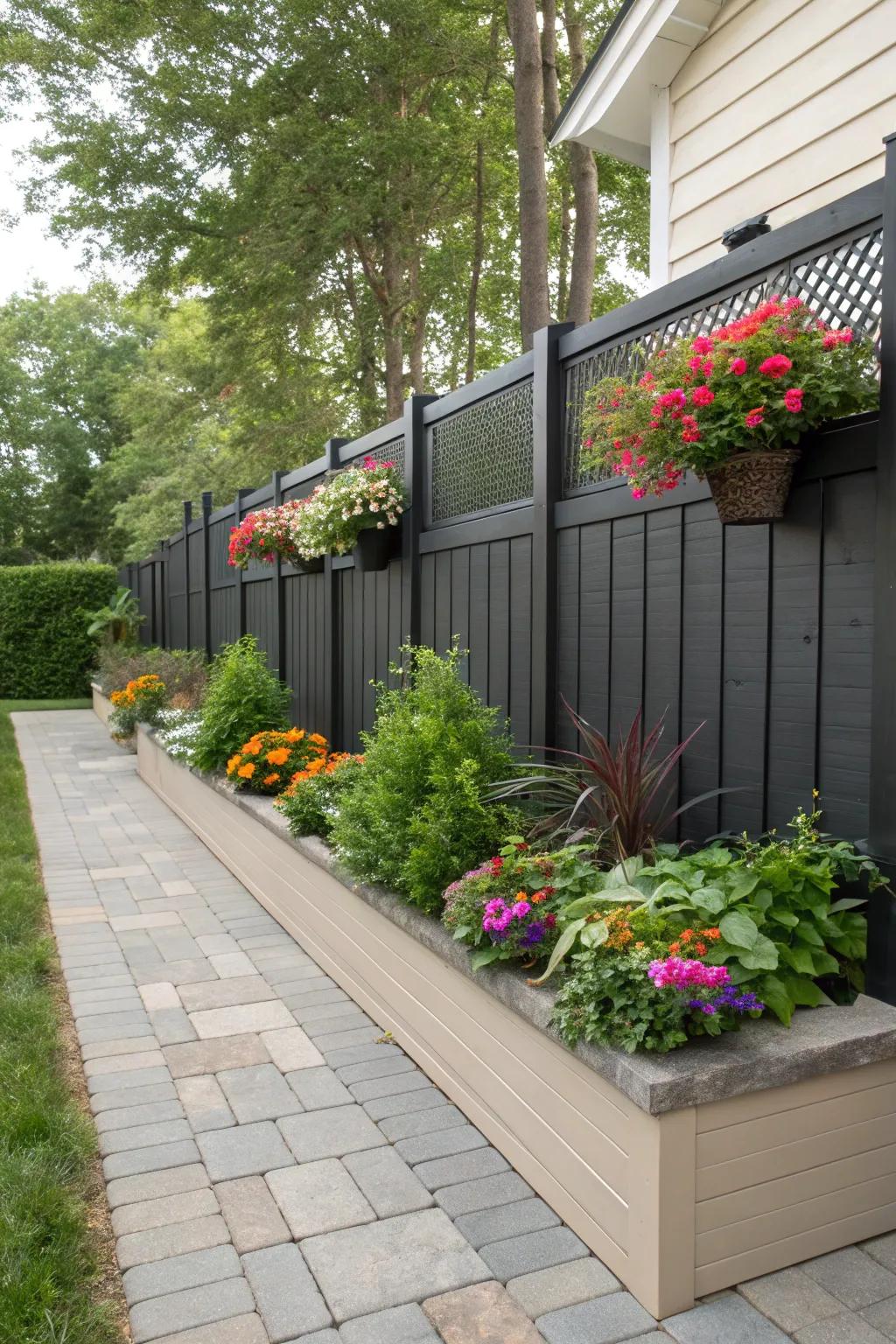 Integrated planters add greenery and privacy.